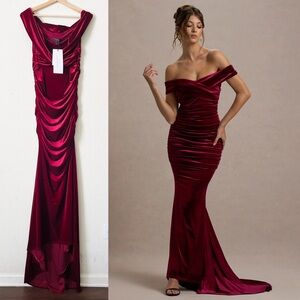 NWT Club L London US 12 Apolline Berry Velvet Off The Shoulder Ruched Maxi Dress